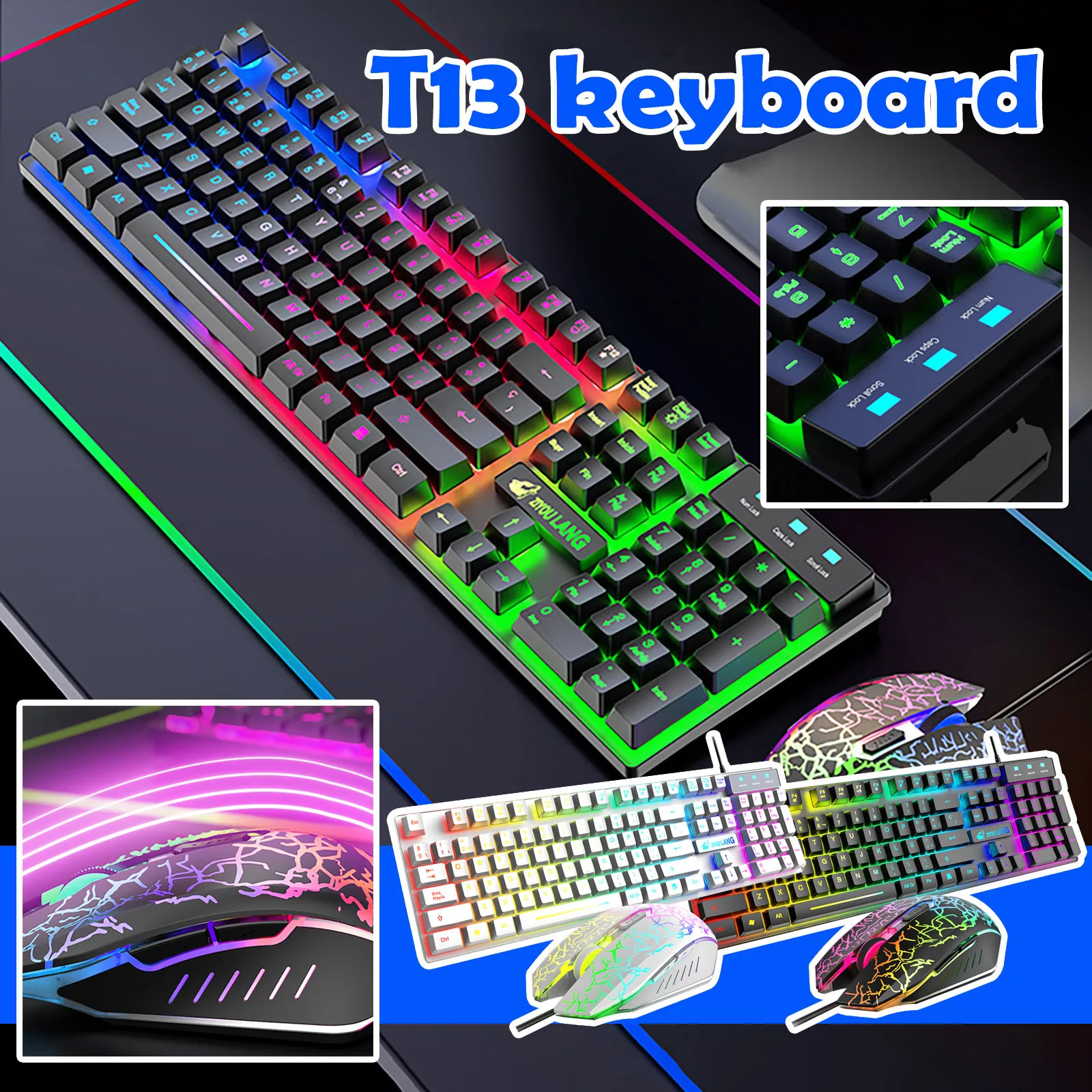 

Spanish T13 keyboard Mouse Combos Black Rainbow/RBG light Backlight Usb Ergonomic Gaming Keyboard and Mouse Set for PC Laptop