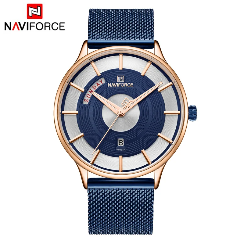 Rose Gold Blue NAVIFORCE Мужские Аналоговые кварцевые часы от ведущего бренда, мужские Модные Роскошные бизнес часы из нержавеющей стали, повседневные спортивные водонепроницаемые часы - Цвет: Rose Gold Blue