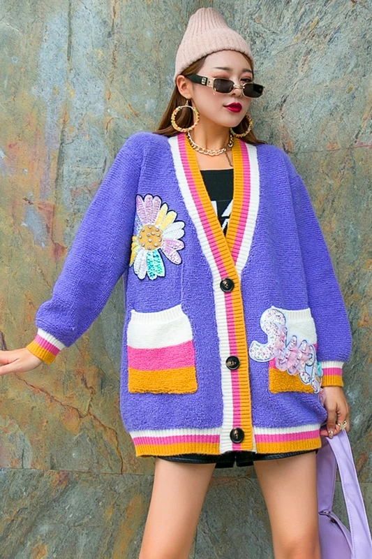 

Net red sweater jacket female tide brand heavy industry cartoon beaded loose V-neck cardigan knitted jacket tide brand