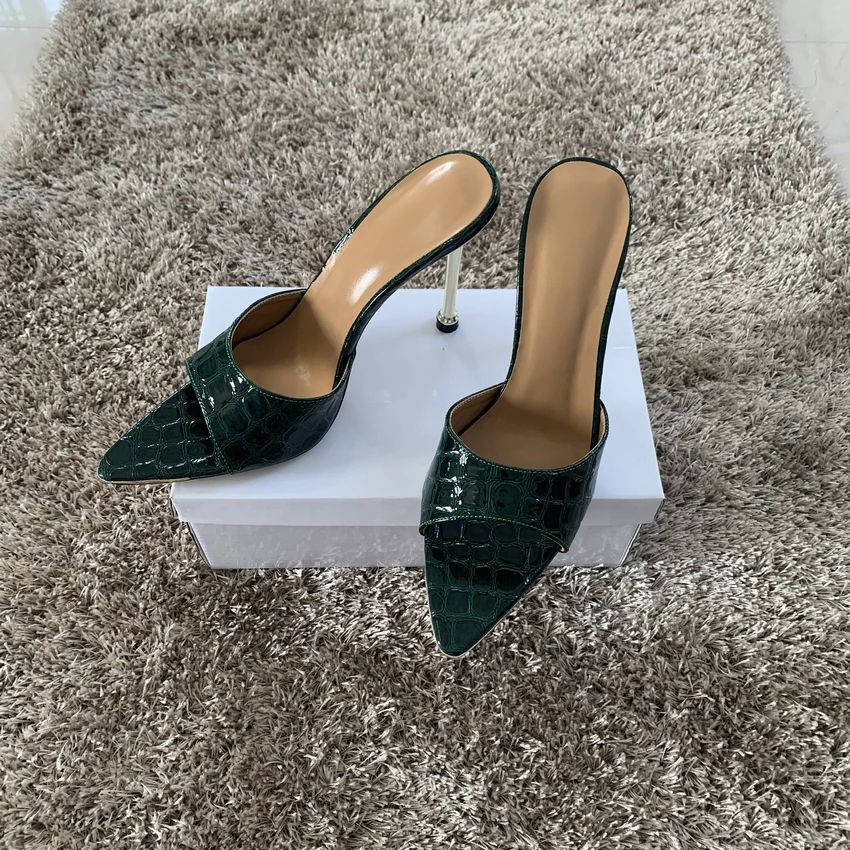 

10.5CM Women slipper Shoe Patent Leather Mule high heels Slippers Summer Sandals flip flops Pointed toe Slides Party shoes Woman