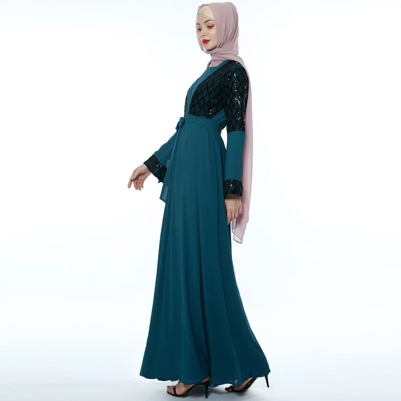 latest Dubai long-sleeved dress Muslim party Abaya ladies Arabian lace cardigan patchwork Turkish Islamic prayer gown robe