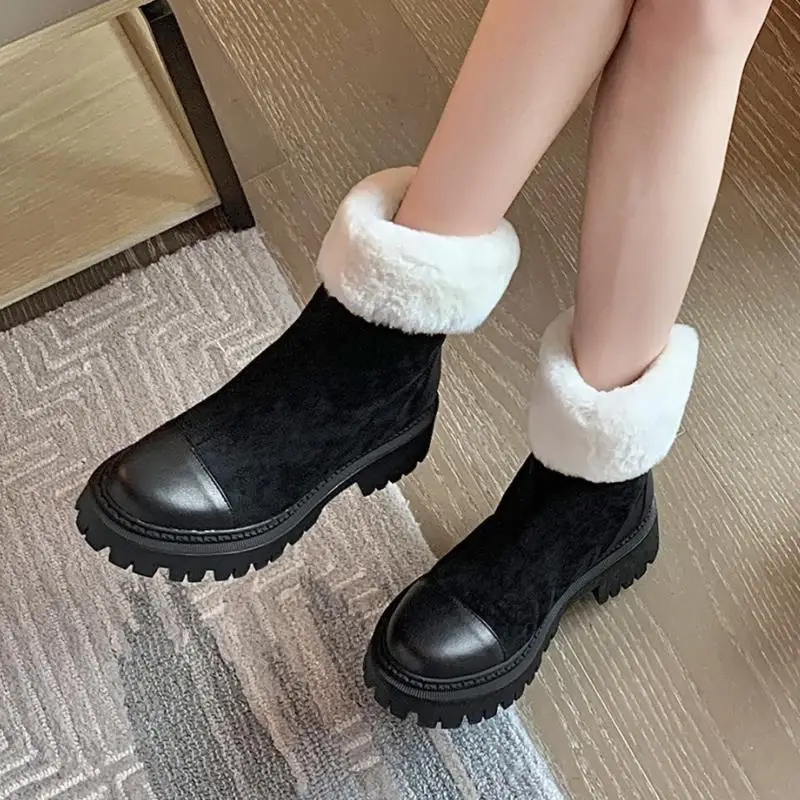 

RIZABINA Women Short Boots Real Leather Plush Fur Patchwork Women Ankle Boots Warm Winter Shoes Women Footwear Size 34-39