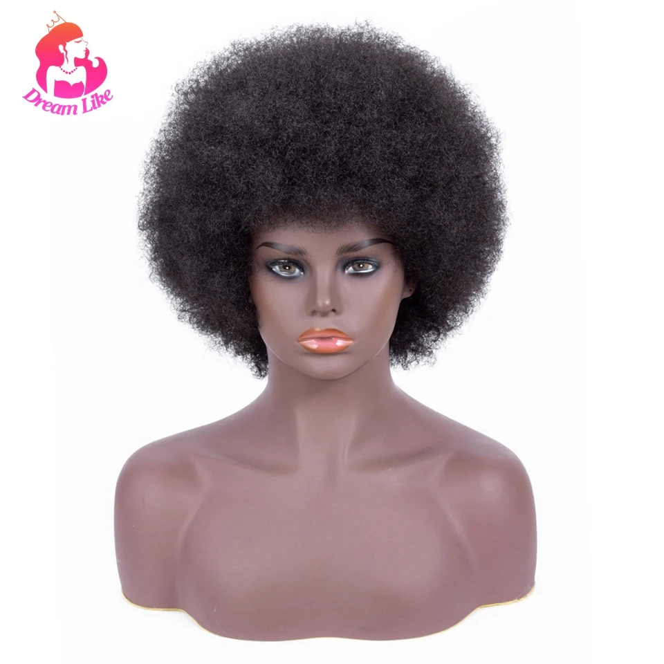 

DreamLike African Kinky Curly Black Afro Wig Synthetic Hair Short Cosplay Wig For Black Women Heat Resistant Fiber Bob With Bang