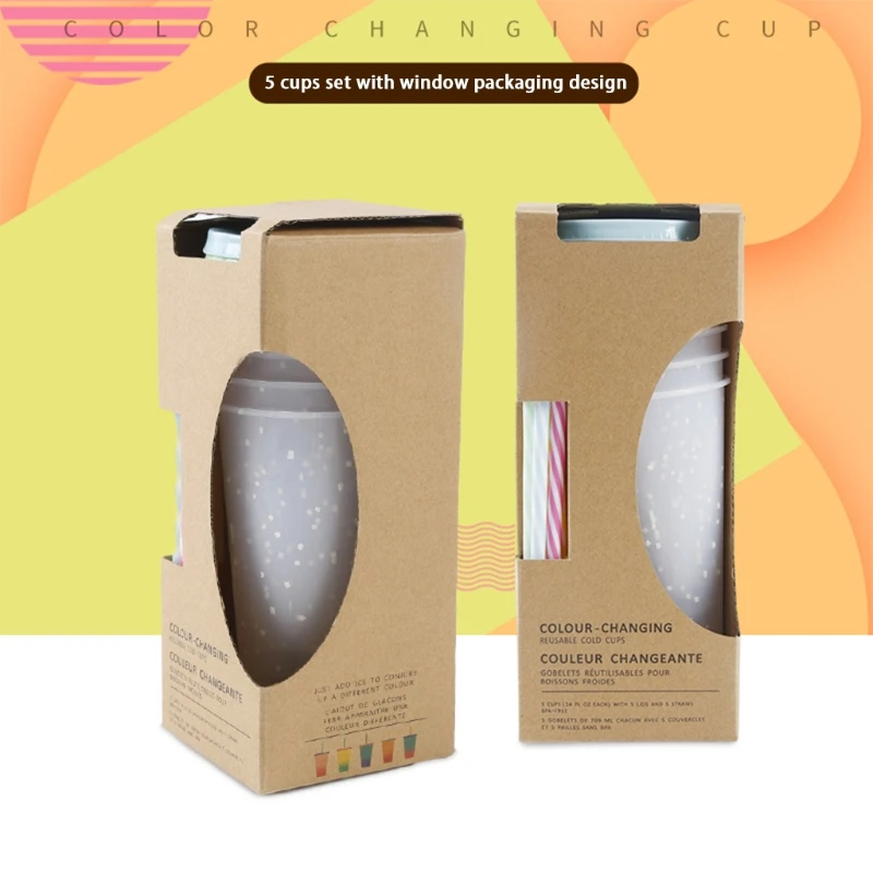 

5 Pcs Reusable 720ml Color Changing Rainbow Cup with Rainbow Straw and Lid Reusable Plastic Cup with Straw Color Crumb Decoratio