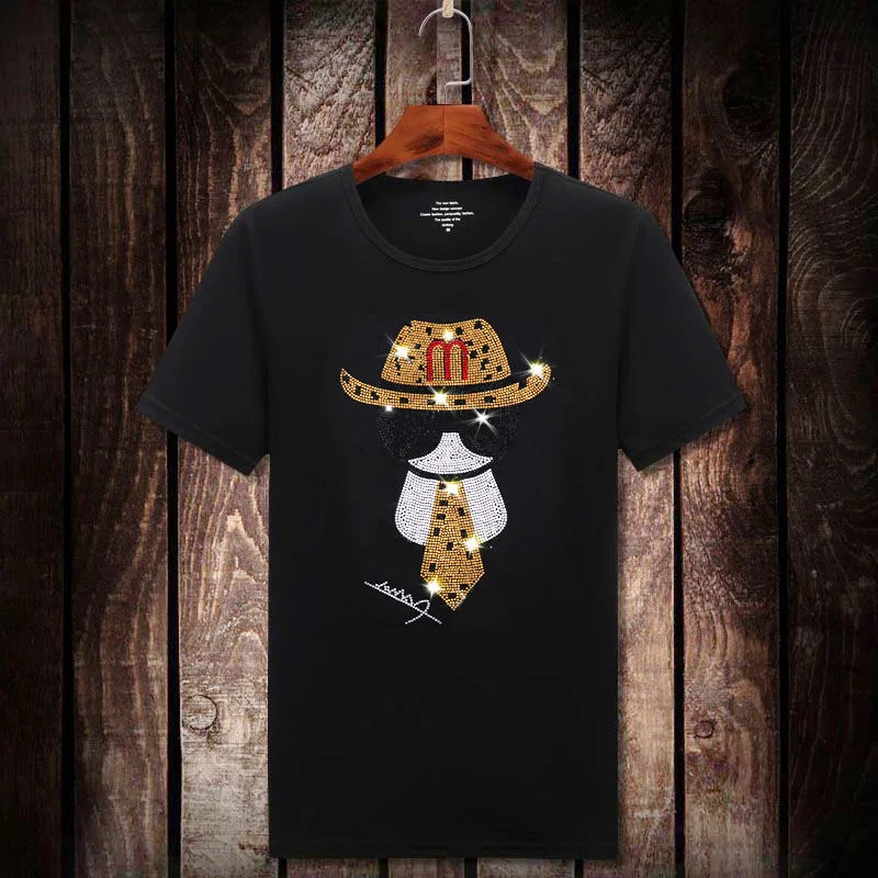 

Summer Men's short-sleeved Tee shirts Shinning luxury Hot Drilling T-shirt Man's Casual Rhinestone Skulls Tshirt Asian size