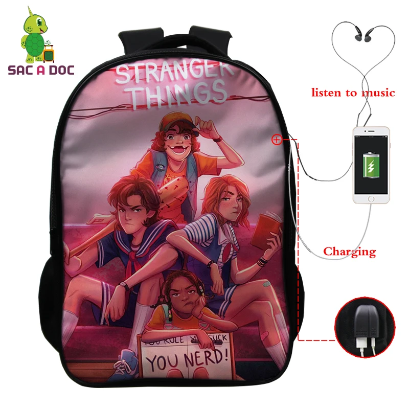 

stranger thingd Men Book Bag Print 16 Inch Teenager School Bags USB Backpacks College Student Bookbag Boys Girl Funny Back Pack