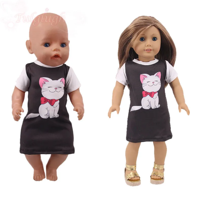 

Новинка 2021, одежда для отдыха, черное платье с мультяшным котом, одежда подходит для 18-дюймовых американских и 43 см новорожденных, кукол Nenuco, ...