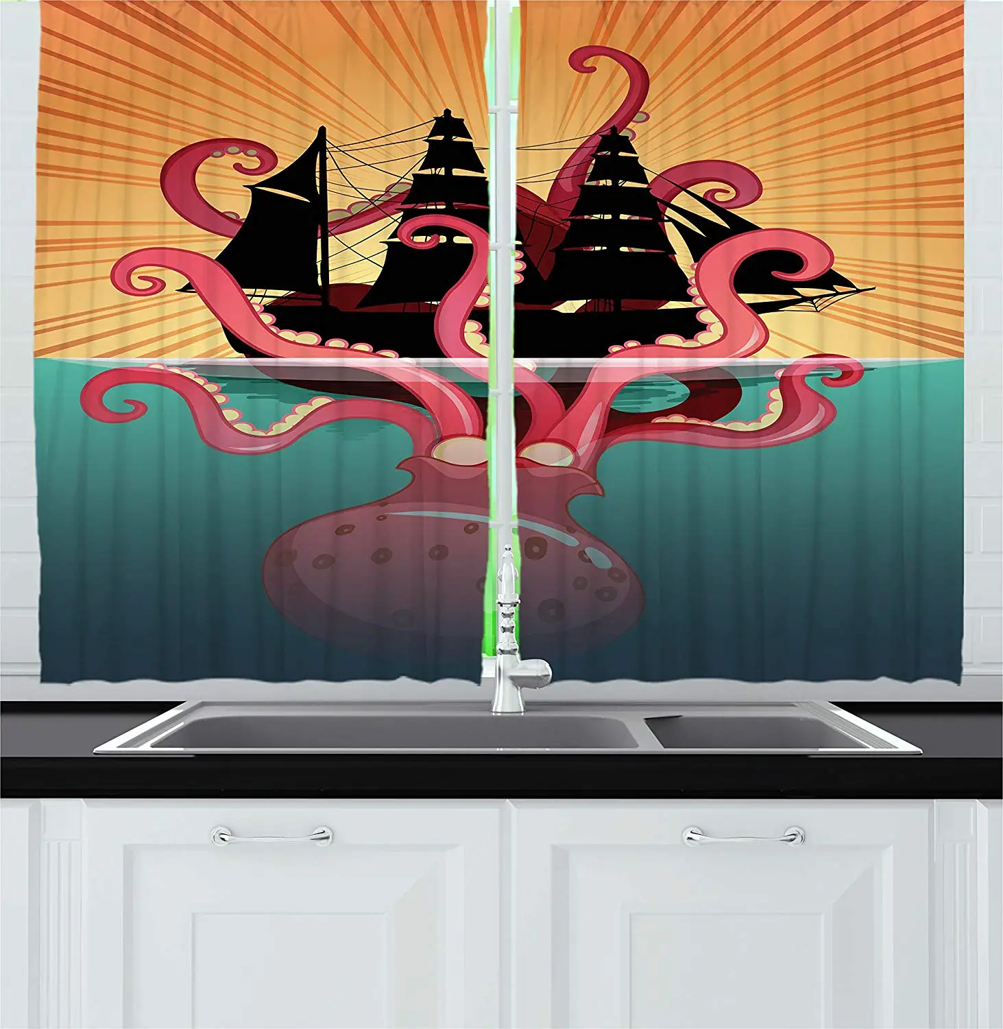 

Декоративные кухонные затемняющие шторы Kraken, Коралловый морской монстр, тонущий на лодке, ретро мифы, океан, Народные художественные декора...