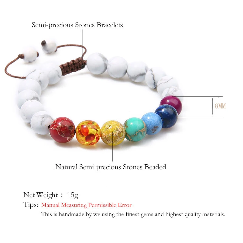 

Seven Chakras White Pine Bracelet Healing Yoga Men and Women Fashion Charm Beaded Semi-Precious Stone Jewelry Length Adjustable