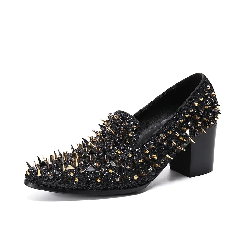 

2021 New fashion men rivets dress shoes genuine leather pointed wedding Gentleman men high heels Black men Party Stage shoe