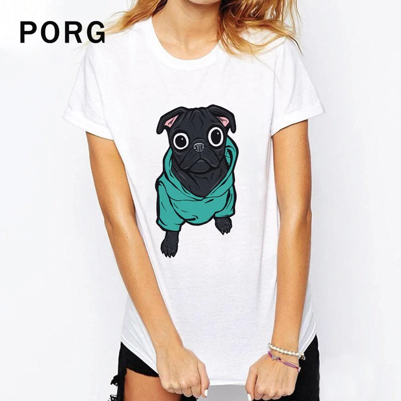 Женская футболка с бульдогом Готическая уличная белого цвета принтом мопса tumblr