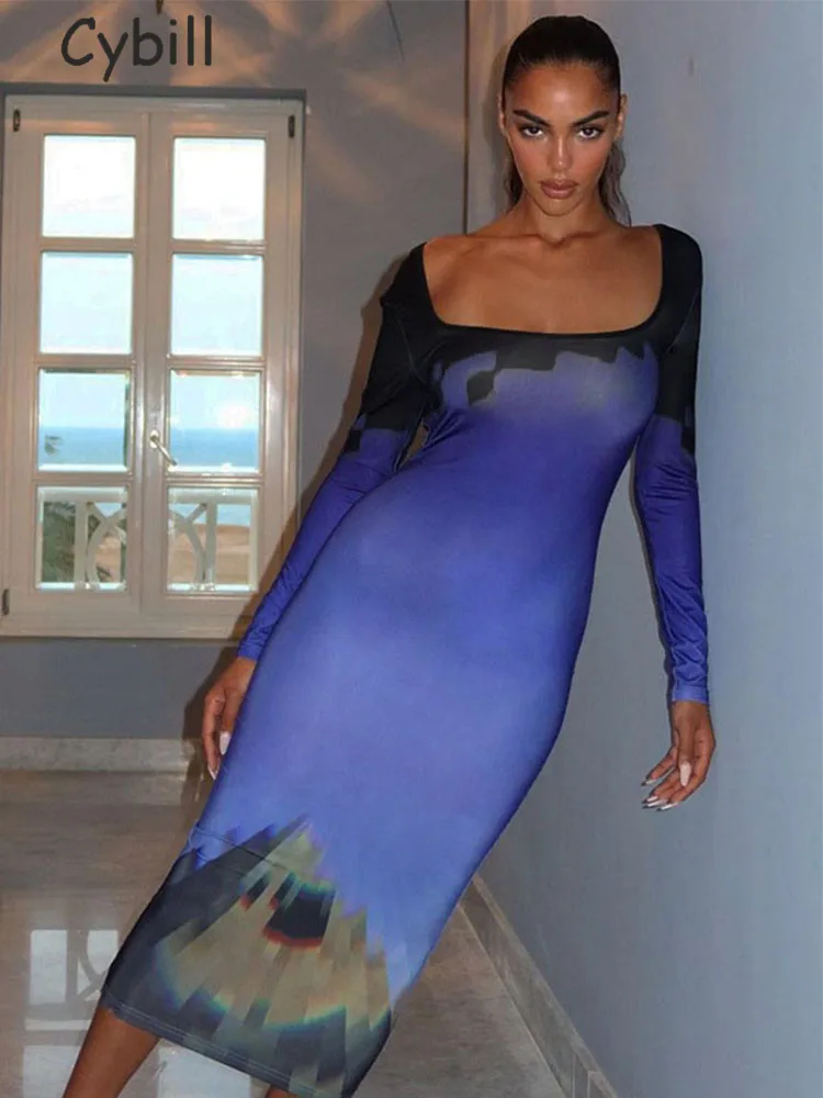 

Платье-миди с длинным рукавом, квадратным вырезом и открытой спиной