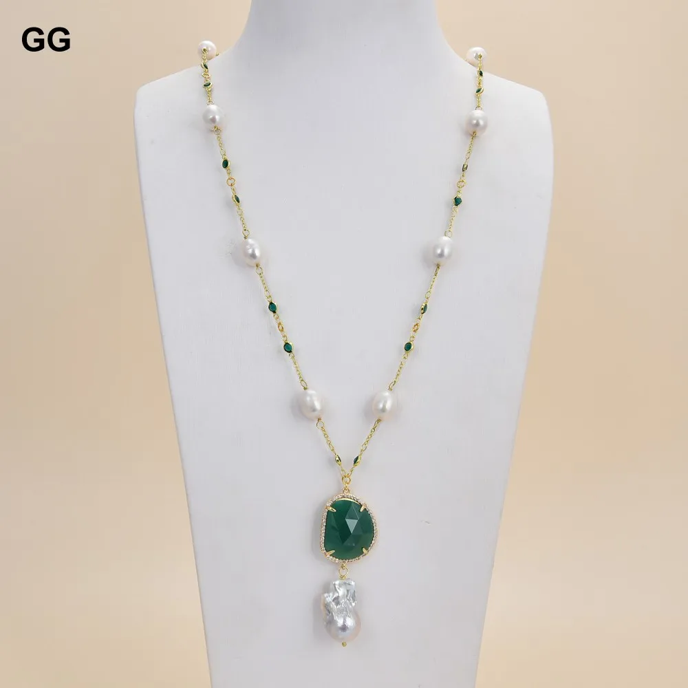 GG ювелирные изделия 26 ''белый жемчуг в форме риса Зеленый Кристалл цепочка