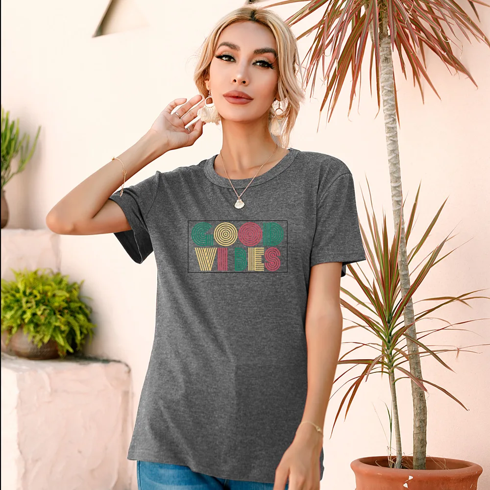 

Graphic Female New Fashion Colored Cotten Harajuku Style Women Soft Loose Tops Clothes 80s Comfort Good Vides Letter Print