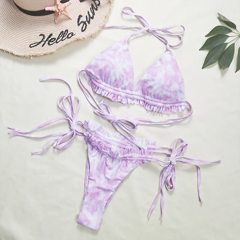

Sexy Brazilian Bikini Set Tie-Dye Printed Ruffled Swimwear Thong Beachwear Bathing Suits Bather Swimsuit Push Up Bandage Biquini