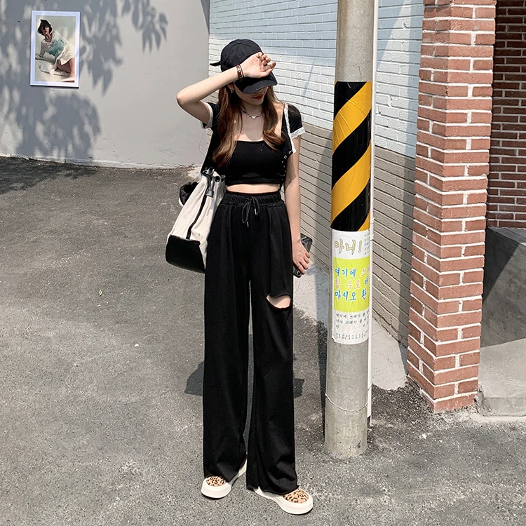 

YTX603 Loose straight 2021 new summer high waist drape gray holed sweatpants women