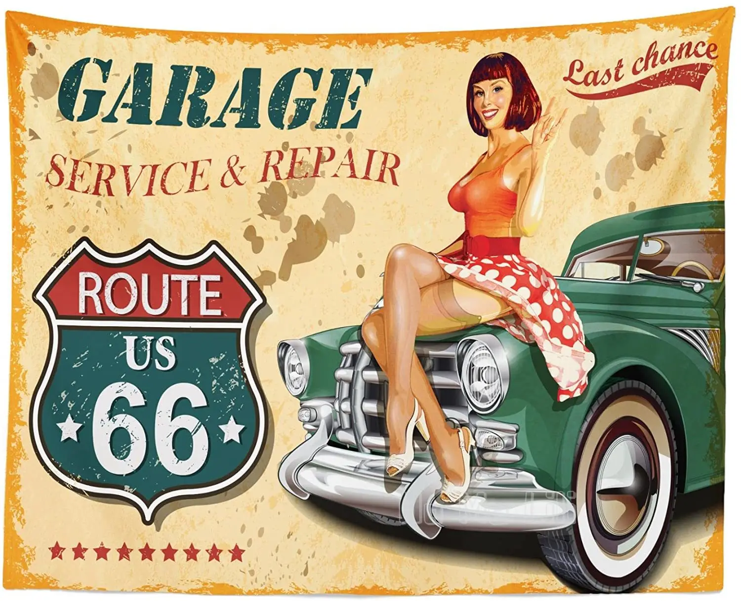 

Route 66 vintage Style Garage Poster With A Woman On Retro Car Service Print Fabric Wall Hanging Decor Peach Green