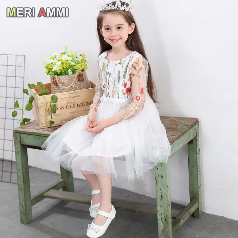 MERI AMMI For 2-10Year Baby Kid Children Girl Dressing Long Sleeve Mesh Floral Princess Wedding Bridemaid Dresses J770 | Детская одежда
