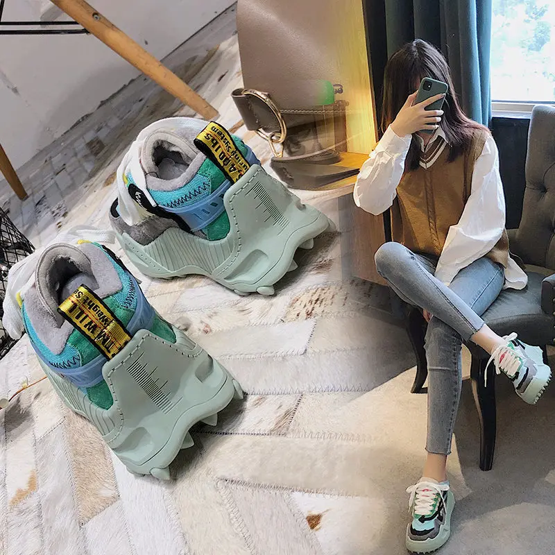 Women Color Blocking Thick bottom Fur Sneakers Ridged Sole Casual Runway Shoes Outdoor Walk Winter Plush Trainers | Обувь