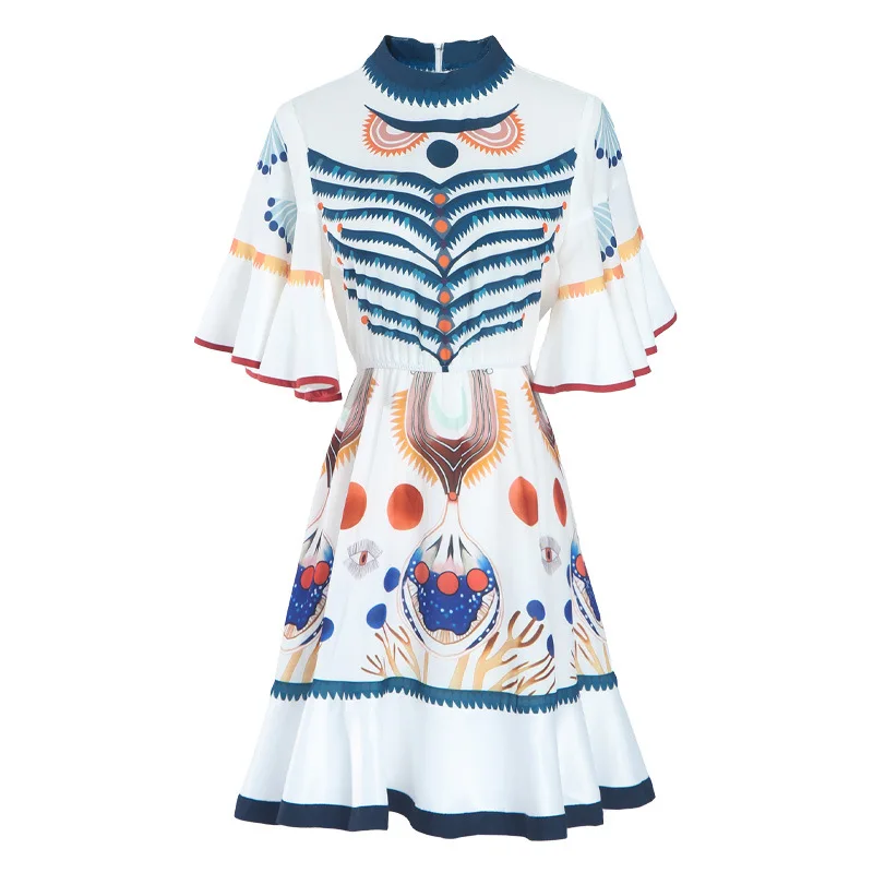 

Женское платье-трапеция с оборками, элегантное модельное дизайнерское платье мини с круглым вырезом и расширяющимся книзу рукавом, лето 2020