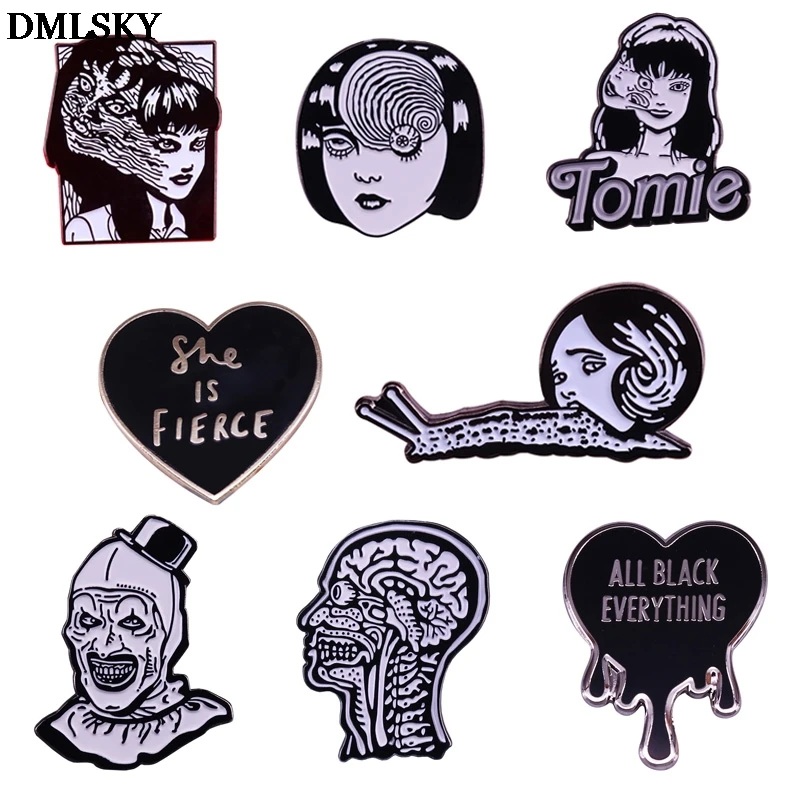

DMLSKY Junji Ito Illustrated Enamel Pin Horror Art Collection Pins Black Retro Brooch for Clothing Backpack Badge M4537
