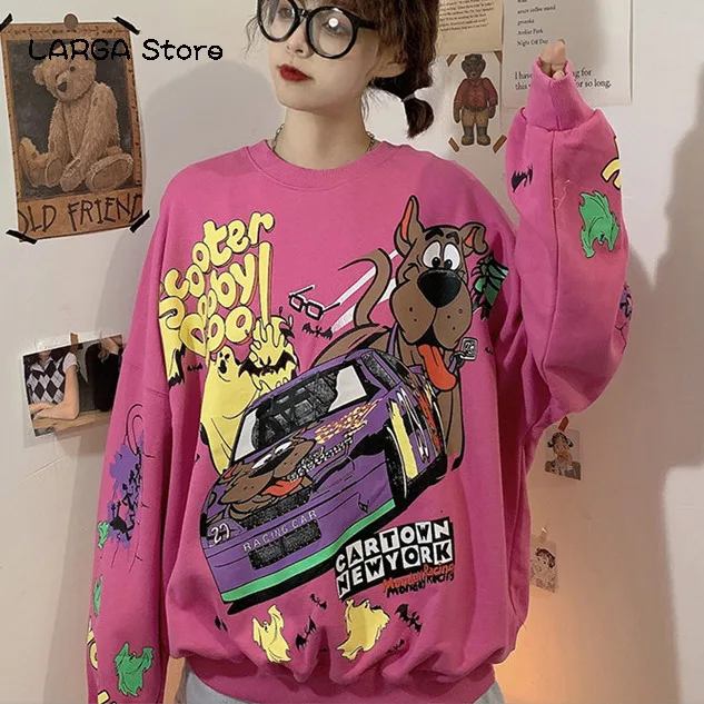 

2020 осенние и зимние свободные забавные Толстовка для женщин с длинными рукавами и изображением мультипликационных персонажей, Модный свит...