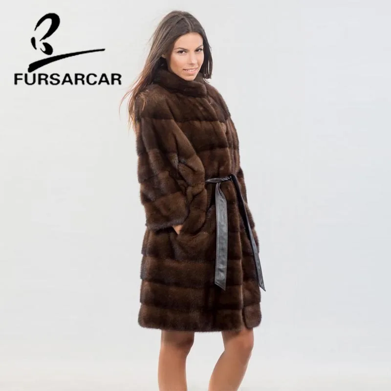 FURSARCAR Высококачественная натуральная норка шуба для женщин 90 см длинная норка шуба с воротником-стойкой женская шуба из натурального меха норки