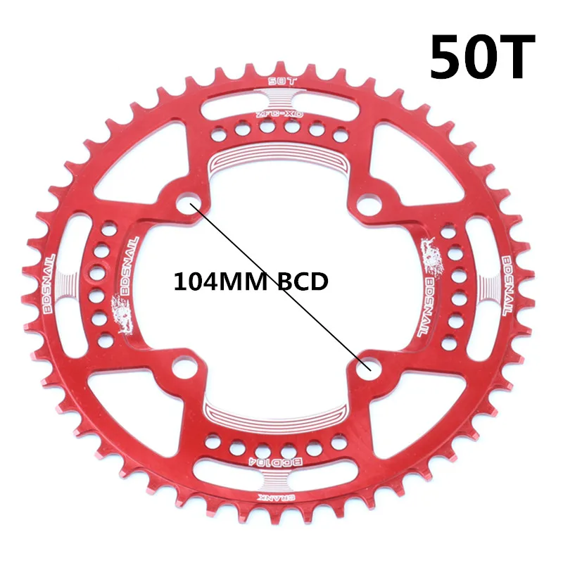 50T red 104BCD 40/42/44/50/52T горный велосипед Звездочка MTB велосипед диаметра окружности болтов(Алюминий узкая широкая цепь из колец цепь - Цвет: 50T red