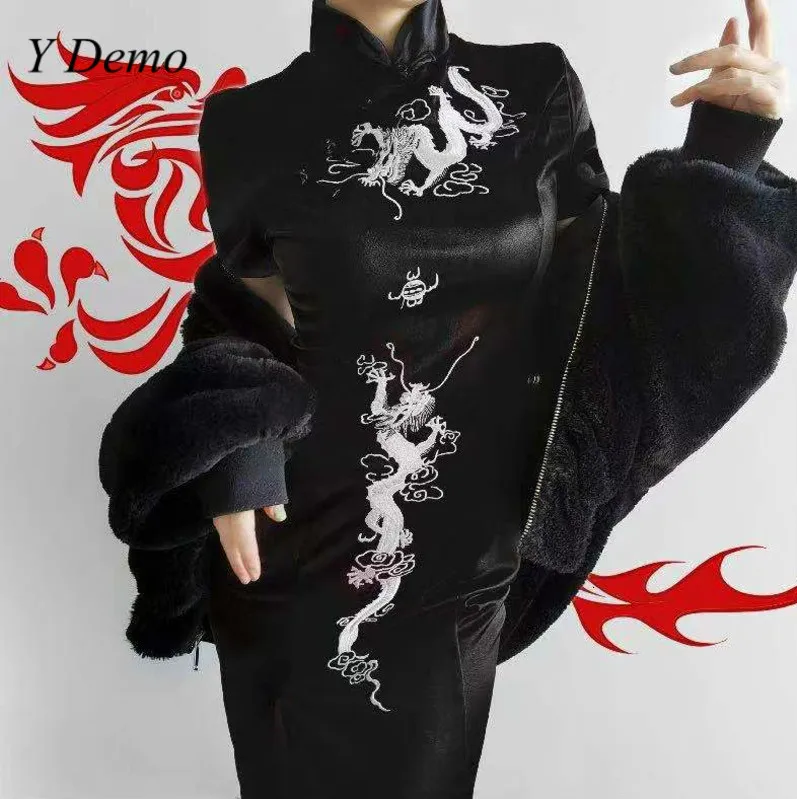 Готический Черный китайский дракон вышивка женское сексуальное платье