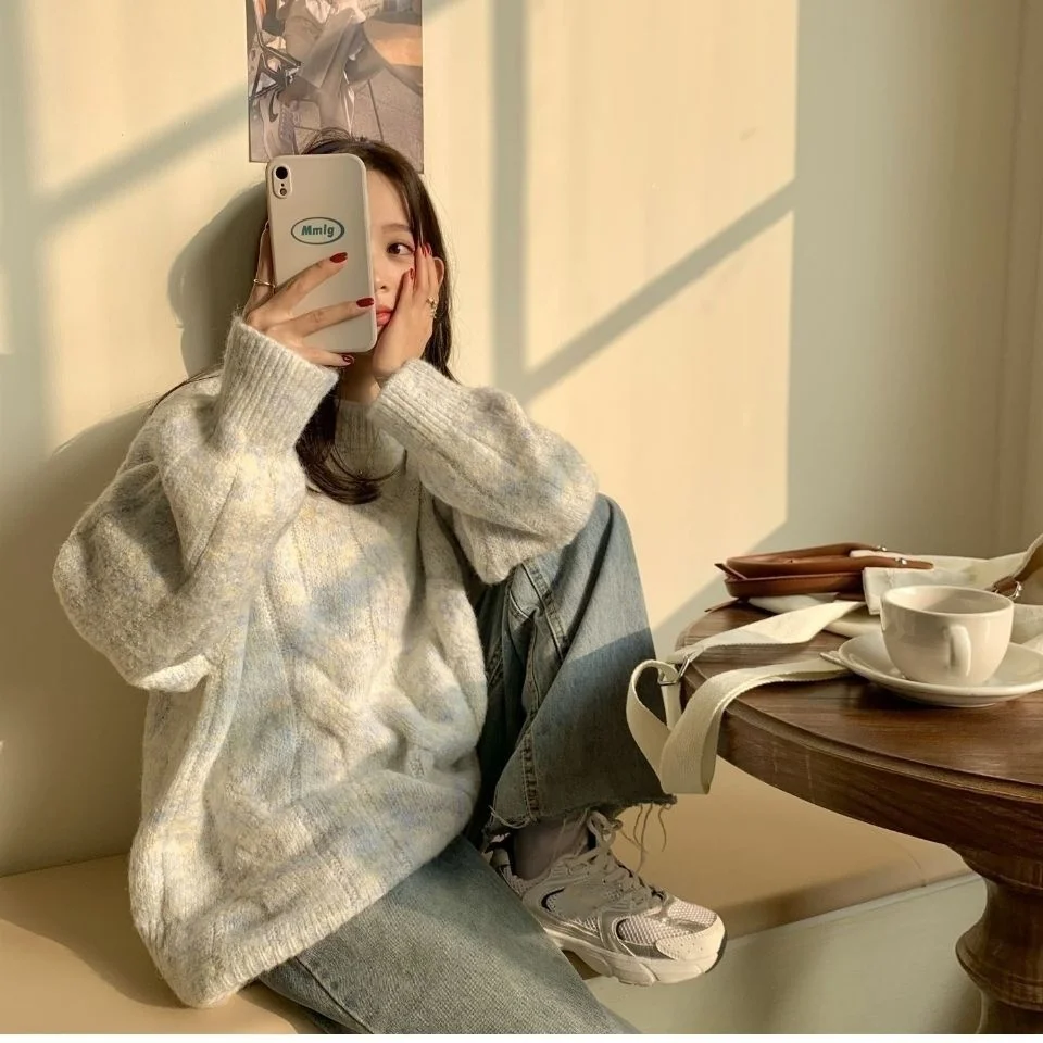 

Свитер утепленный пуловер вязаный новый осенне-зимний свободный мягкий и милый стиль свитер для ленивых женщин