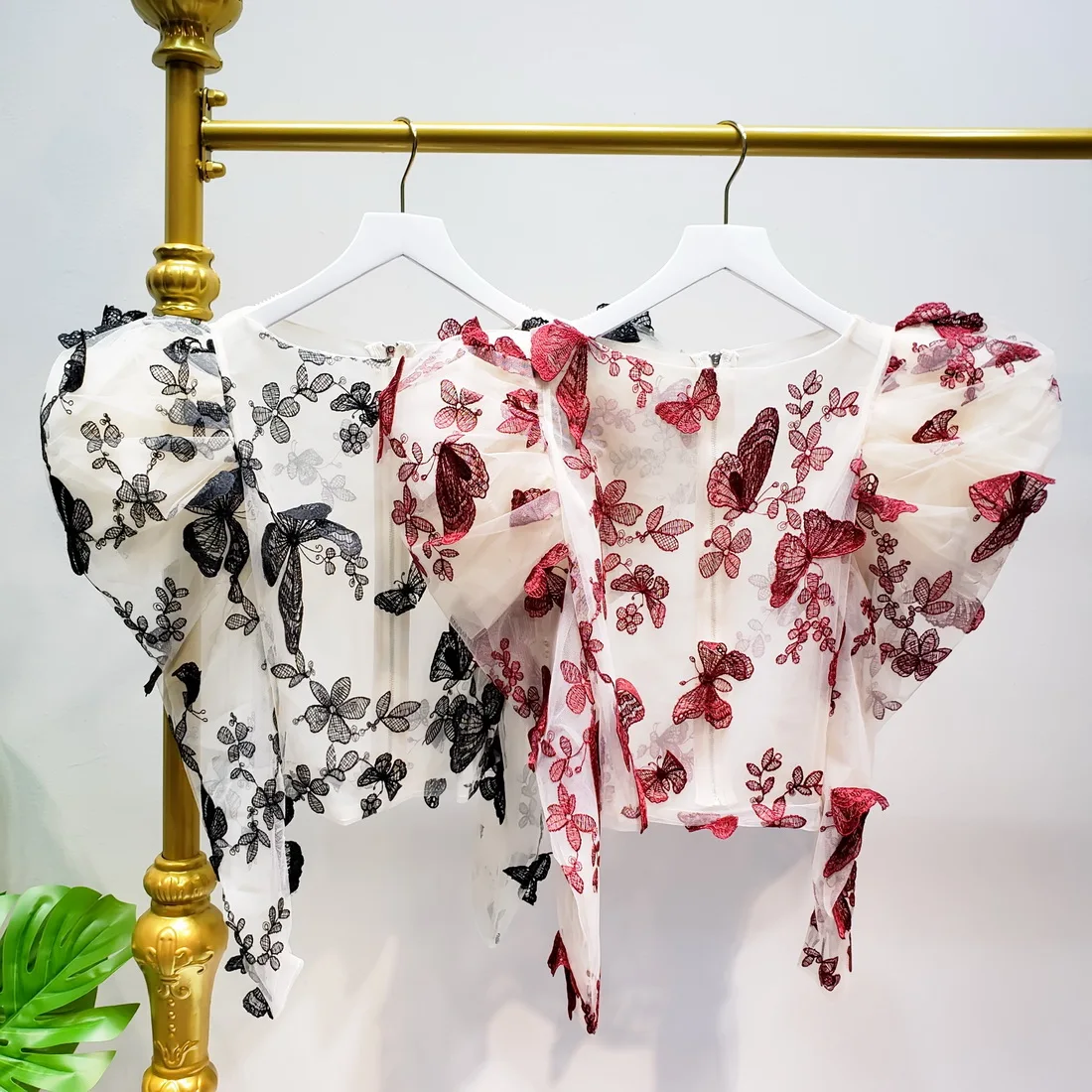 L77street Heavy Industry Mesh Butterfly Embroidered English Lantern Sleeve Perspective Slim Long Sleeve Thin Shirt