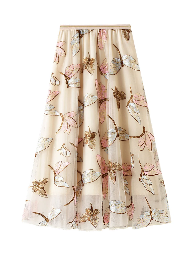 

Women A-Line Tulle Skirt, Casual High Waist Dragonfly Embroidery Mesh Flowy Midi Skirt