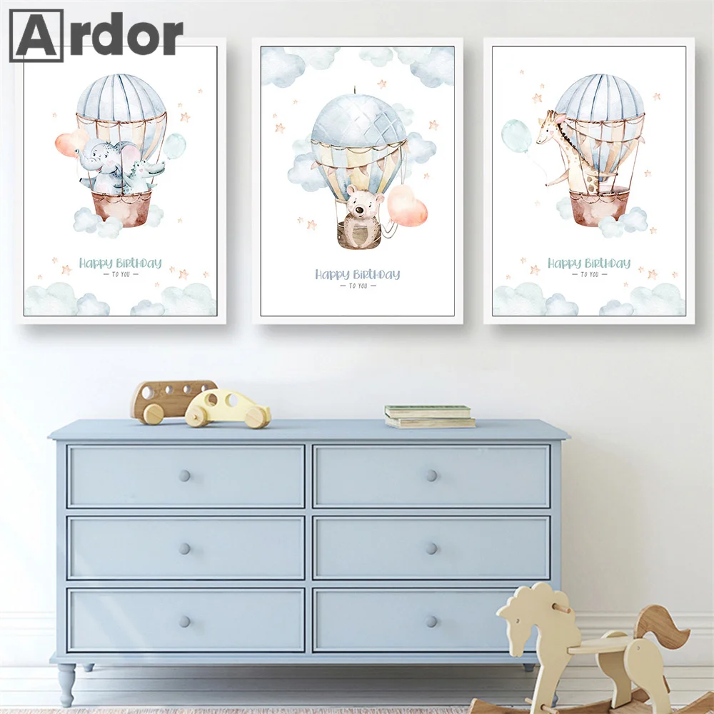

Elephant Giraffe Animal Wall Art Poster Hot Air Balloon Cartoon Canvas Painting Nordic Art Print Wall Pictures Kids Room Decor