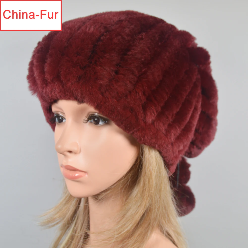 Россия Настоящий мех кролика шапки бини Шапки Для женщин меховые шапочки шляпа