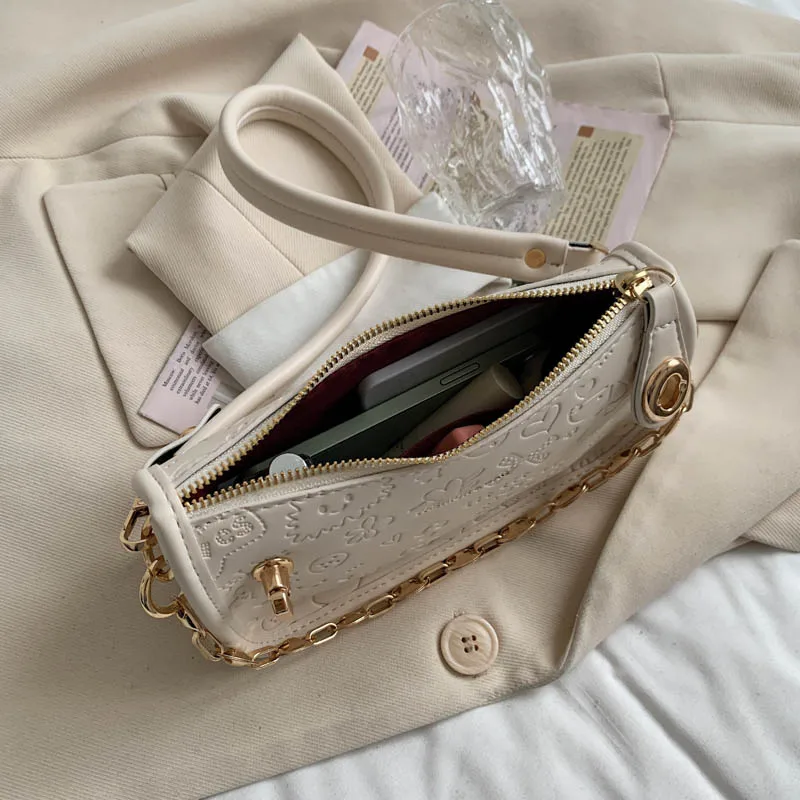 

Women Simple Chain Crossbody Bags 2021 New Pure Color Leather Shoulder Bags with Pattern Printed Female White Tote Handbags Sac