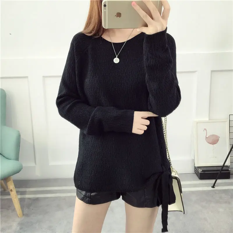 

Spring and Autumn New Korean Bow Pullover Knitting Shirt Loose and Plus-sized round Neck Base Sweater Women's Top Fashion