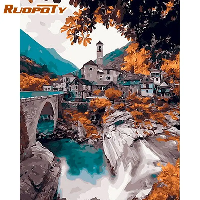 

RUOPOTY Painting By Numbers 60x75cm Framed Village House Bridge And Water Landscape Picture By Number Modern Home Decors