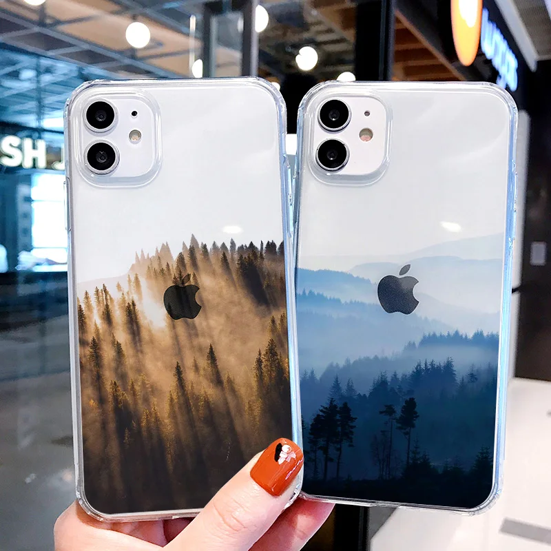 Mountain Forest Cloud Clear Printed Phone Case For iphone 7 8 Plus 11 12 13 Pro Max X XS Max XR SE2020 Transparent Cover Funda