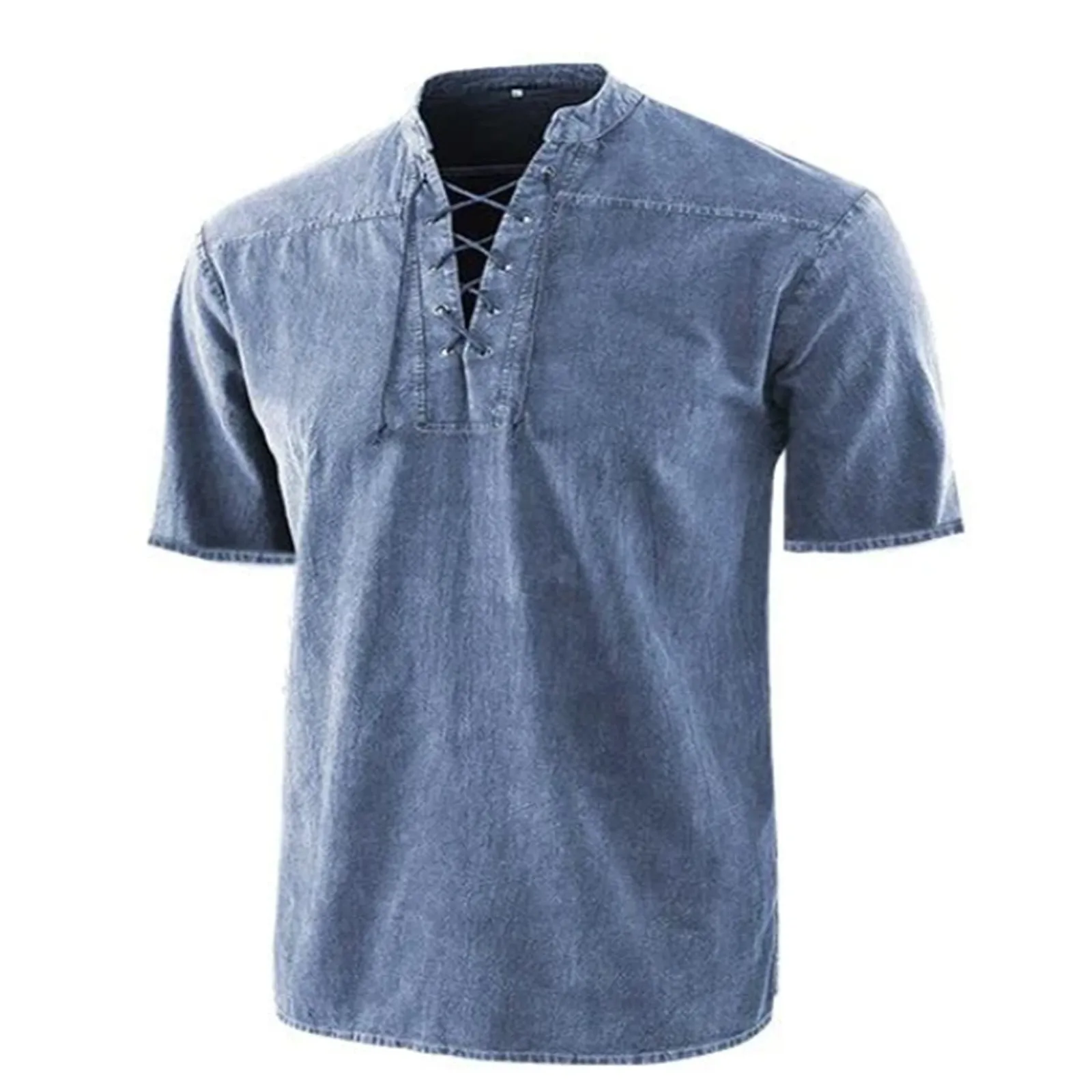 

Men's V-neck Vintage Lace-up Tie Blouse Summer Man Short Sleeve Retro Gothic Shirt Loose Male Breathable Shirt Chemises Homme