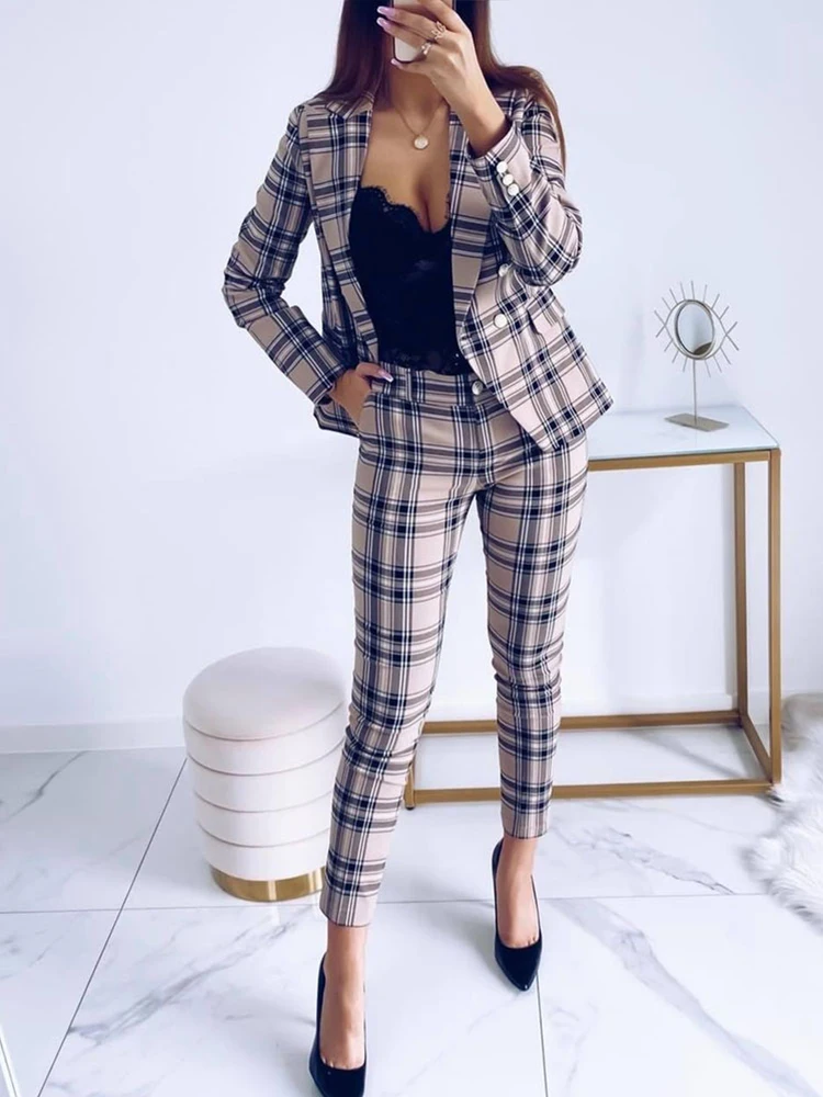 

Shein Romwe Trouser Suits Fashion Clothes For Women Plaid Print Double Breasted Blazer & Pants Set 2 Piece Sets Womens Outfits
