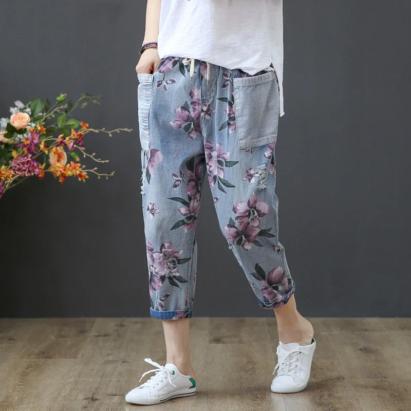 XUXI Seven Points брюки модные с принтом потертые высокой талией свободные ковбойские