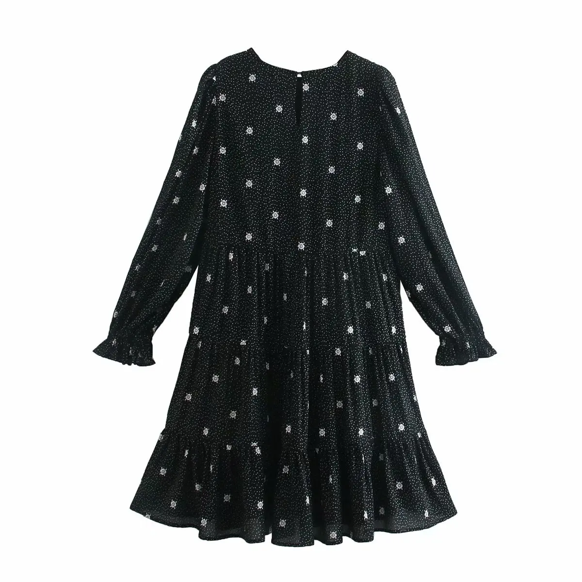 

Elegant Lace Printed Tulle Dress For Ladies 2021 New O Neck Black Loose Puff Sleeve Floral Short Dresses Women For Fashionable