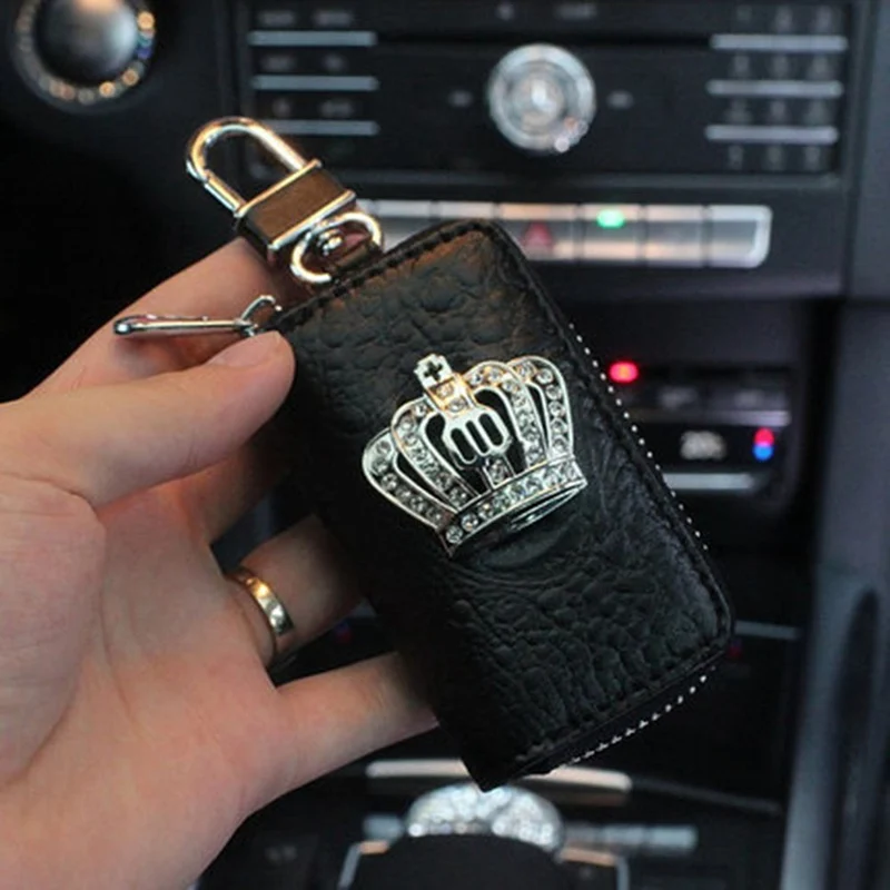 

Leather Crystal Crown Car Key Case Key Storage Bag Cover Zipper Organizer Key Holder Fob Drivers license Bags