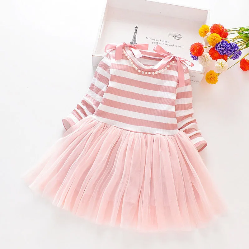 Платье для маленьких девочек кружевное платье с длинными рукавами в полоску