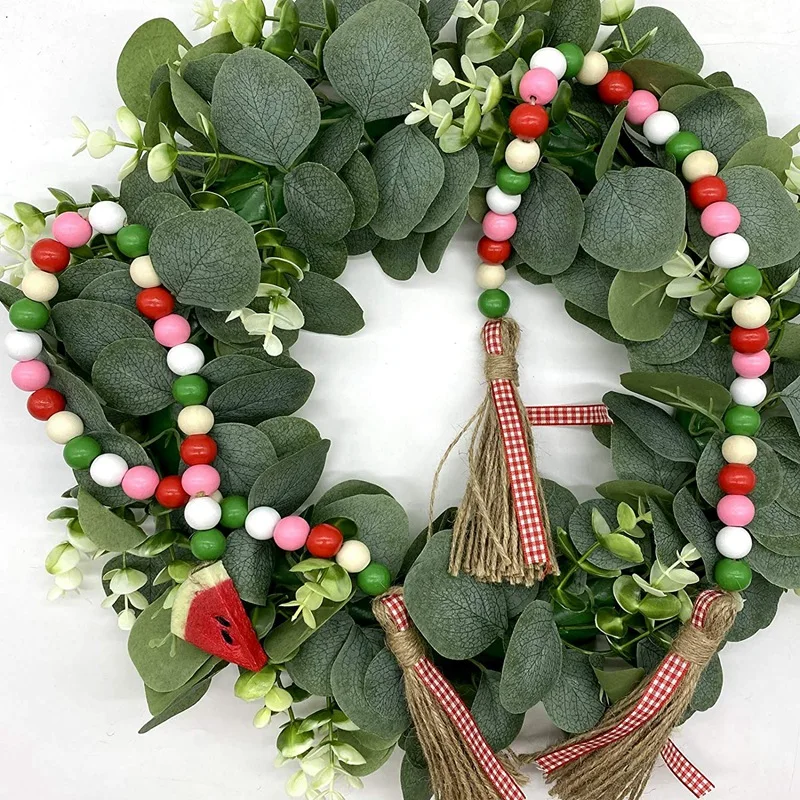 

4 Pcs Watermelon Wood Bead Garland with Tassels-Rustic Garland Prayer Boho Beads for Summer Country Style Fruit Themed