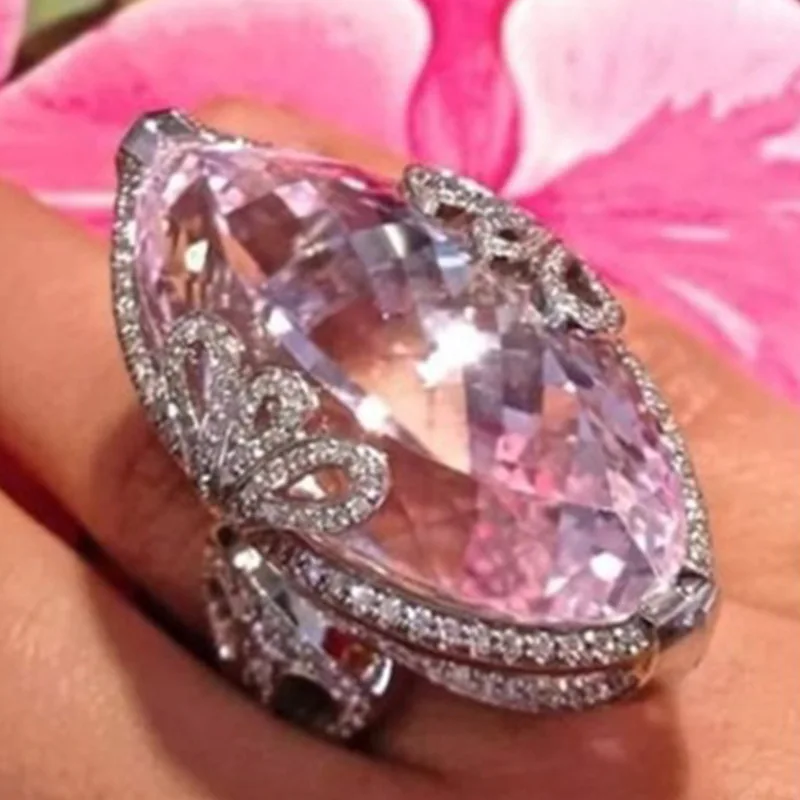 Большой серебряный натуральный розовый камень кольца с цветами Bague для Для