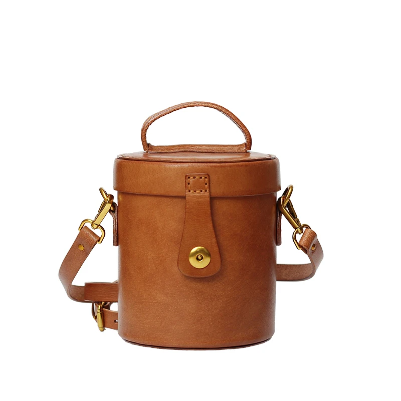 

XHTY leather bucket bag handmade retro hard cylinder female bag storage bag diagonal cross vegetable tanned head layer cowhide