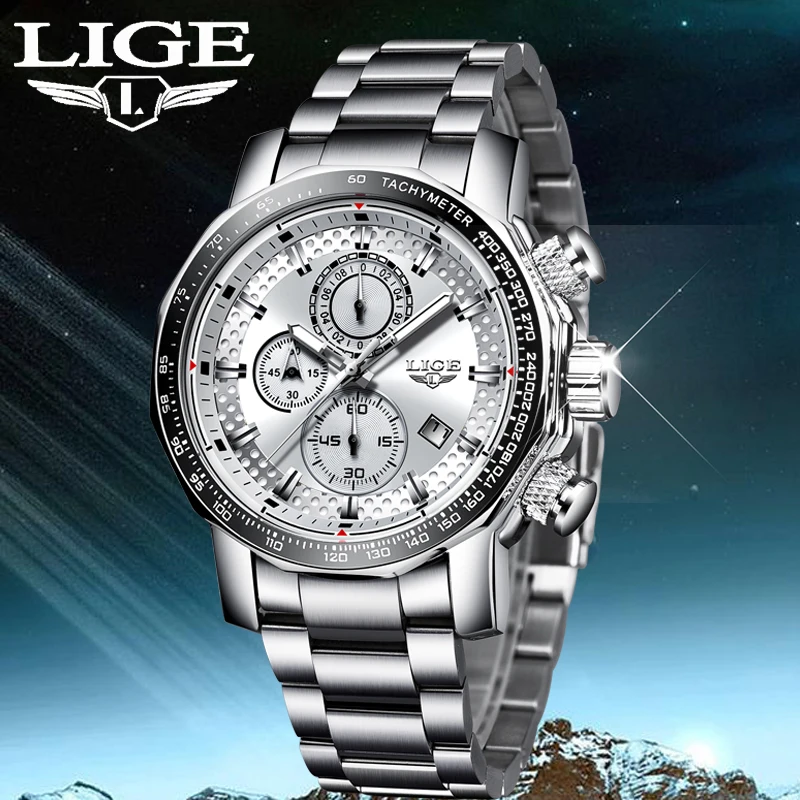 

Часы наручные LIGE Мужские кварцевые с хронографом, модные брендовые люксовые спортивные, с датой, из нержавеющей стали