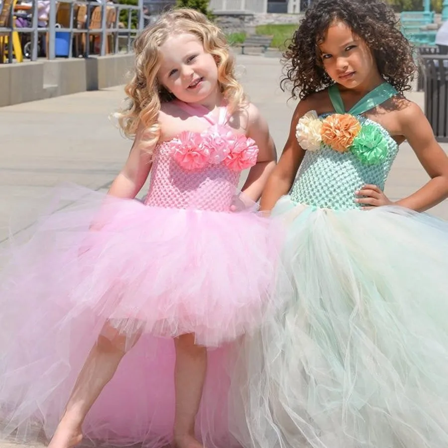 

Розовое Кружевное Платье-пачка для маленьких девочек, детское вязаное вечернее платье из тюля с цветами, бальное платье, детское празднично...