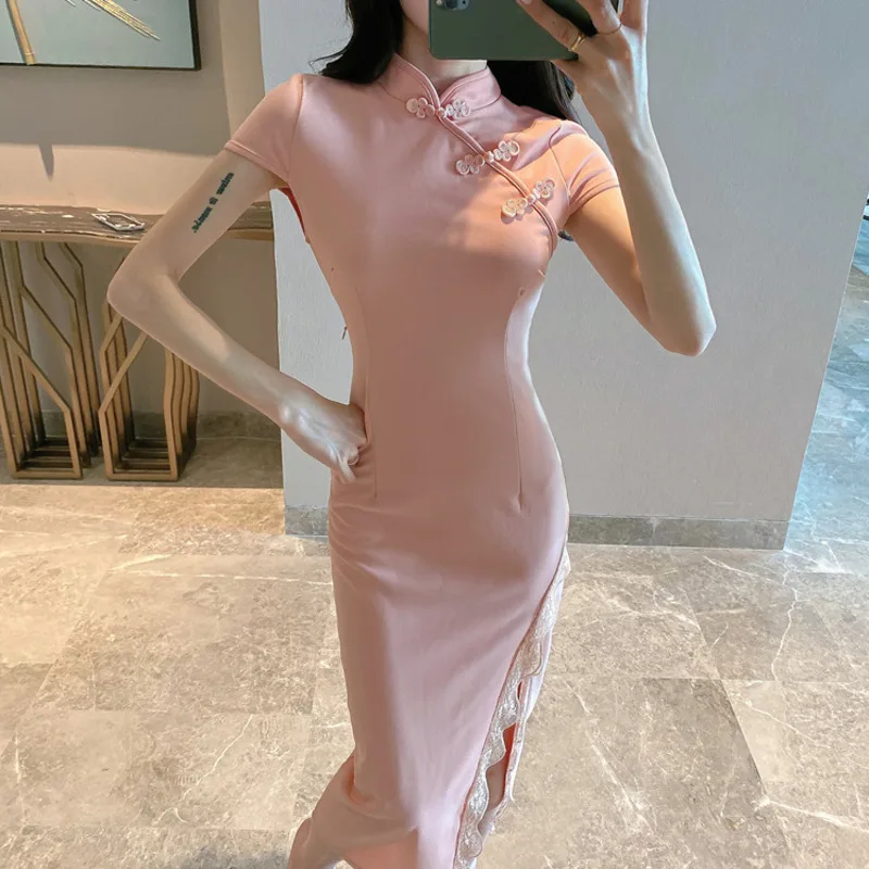 Китайский Стиль в стиле Харадзюку для женщин Cheongsam платья длинный синий и белый